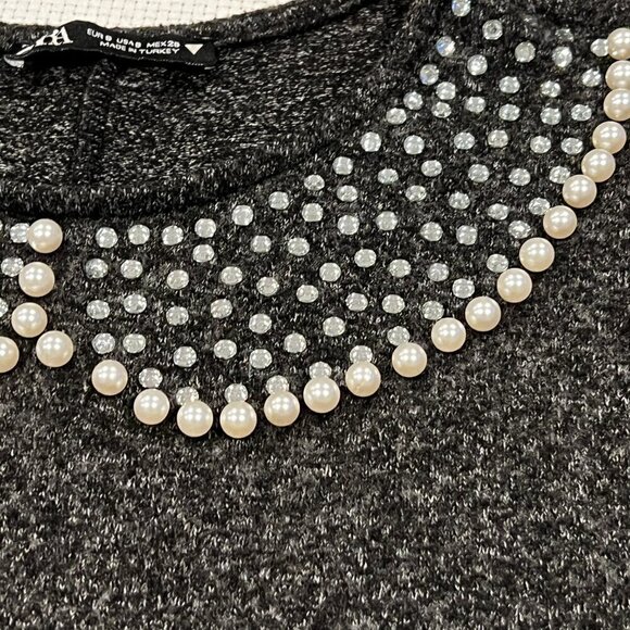 Zara Sweater Dark Gray Knit Pearl Studded Neckline Balloon Sleeves Size Small - Picture 7 of 9